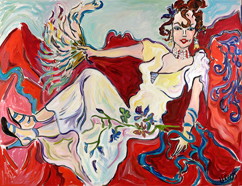 Woman in white dress on red fabric