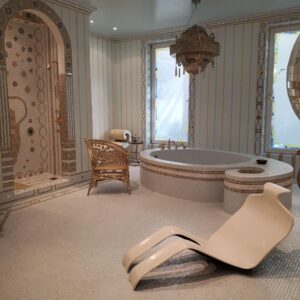 Modern bathroom with gold theme