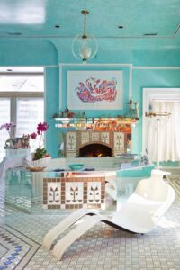 Vivians blue bathroom with chair