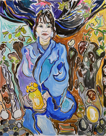 Woman in blue sitting