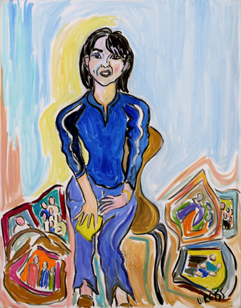 A brunette woman in blue sitting