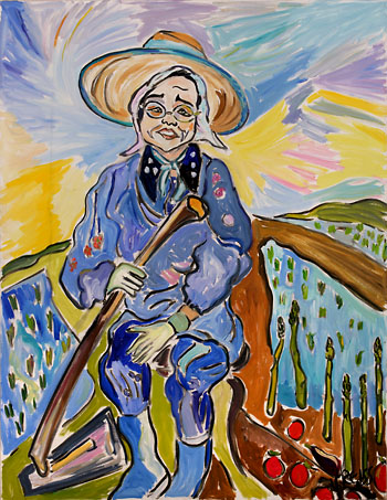 A woman in blue clothing and with a hat sitting