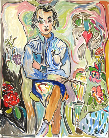 A man sitting with paint brushes in hand